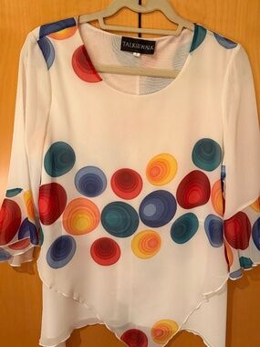 Talk of the Walk White Chiffon Abstract Layered Blouse Multicolor Circle Blouse